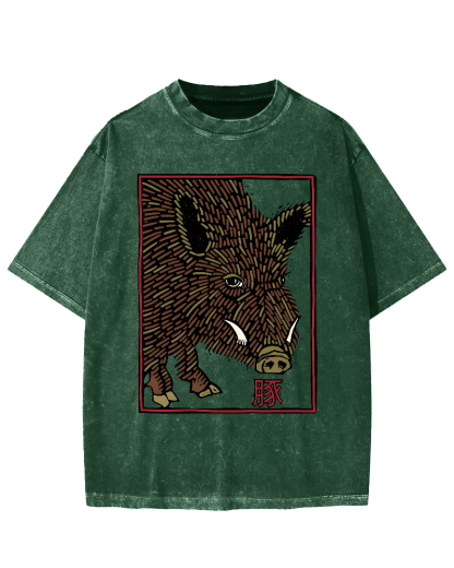 Woodcut Pig Vintage Washed T-shirt