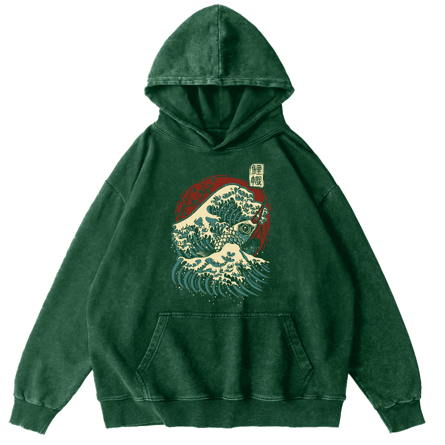 Koi in the Waves, Japanese Style Vintage Washed Hoodie-Zazasy