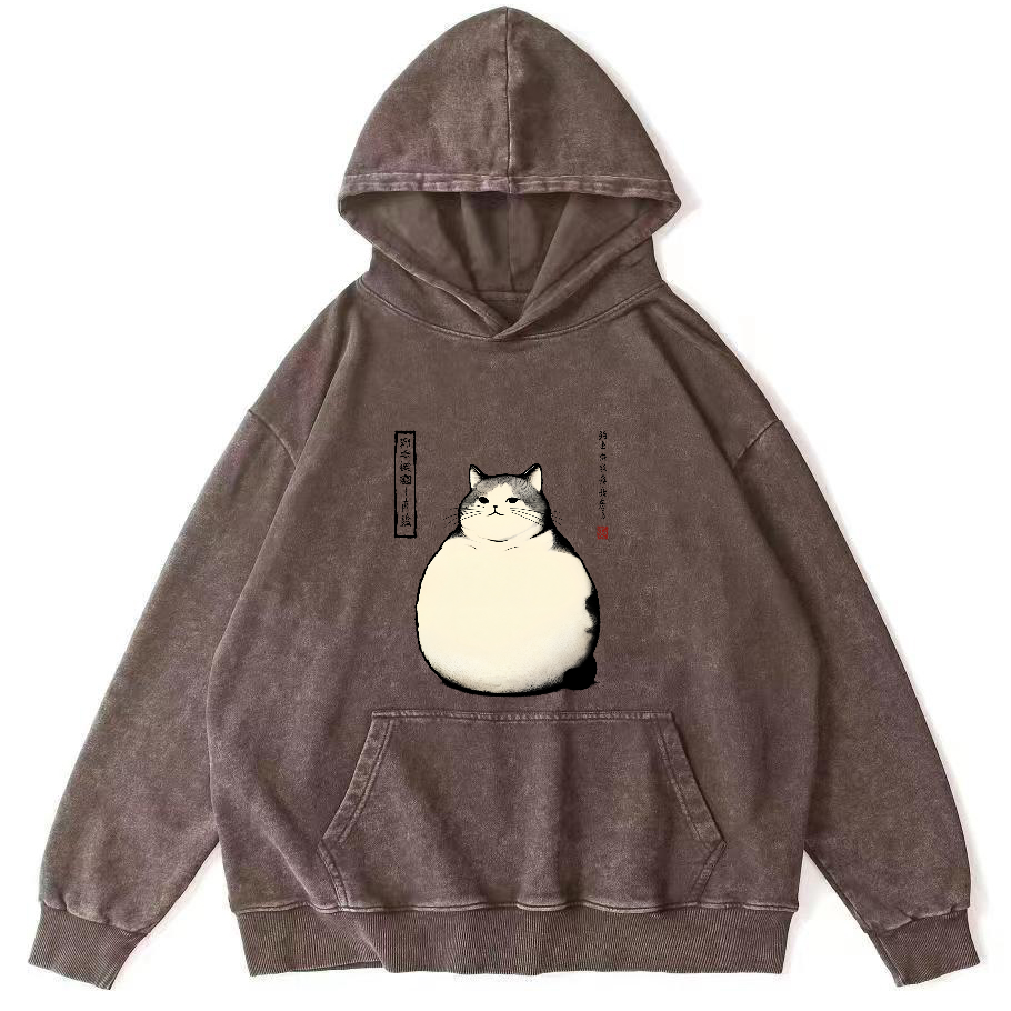 Obese Japanese Style Cat Vintage Distressed Hoodie-Zazasy