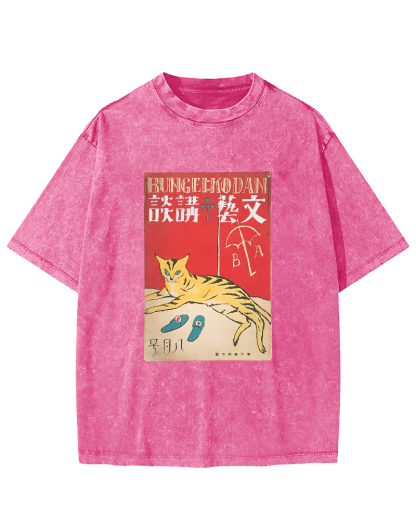 Japanese Cat Pattern Vintage Distressed T-shirt-Zazasy