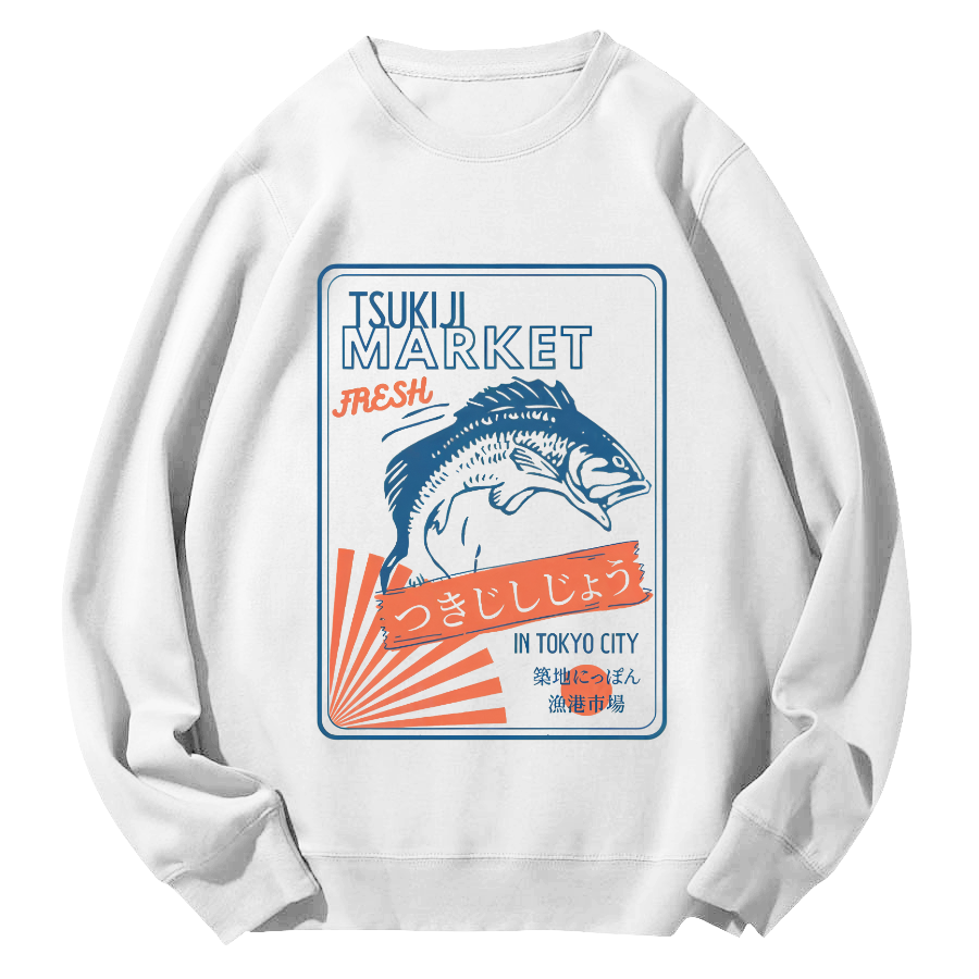 Tsukiji Seafood Market in Japan Round Neck Sweatshirt-Zazasy