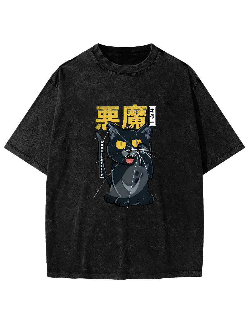 Retro Mischievous Cat Pattern Vintage Distressed T-shirt-Zazasy