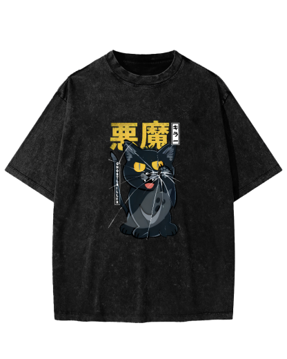 Retro Mischievous Cat Pattern Vintage Distressed T-shirt-Zazasy