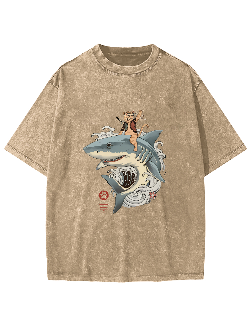 Shark Riding Cat Warrior Japanese Washed T-shirt-Zazasy