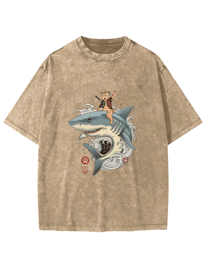 Shark Riding Cat Warrior Japanese Washed T-shirt-Zazasy