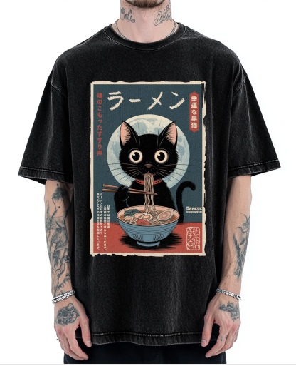 Black Cat Eating Ramen Vintage Washed T-shirt