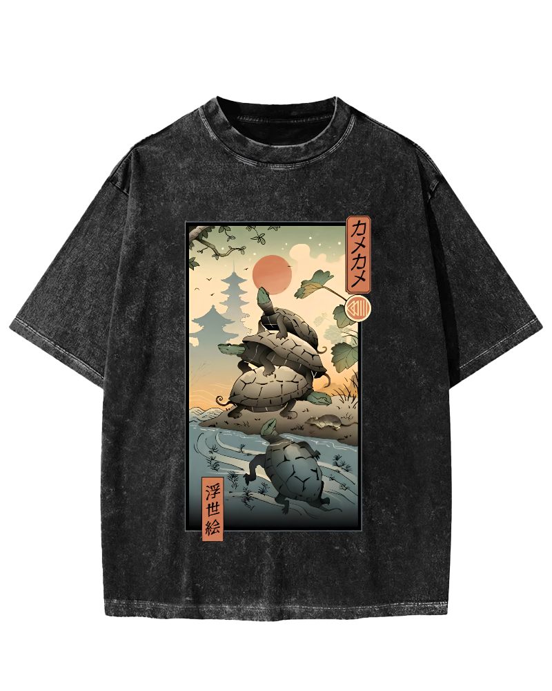 Ukiyoe Turtle Japanese Vintage Washed T-shirt-Zazasy