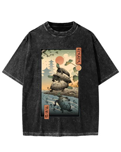 Ukiyoe Turtle Japanese Vintage Washed T-shirt-Zazasy
