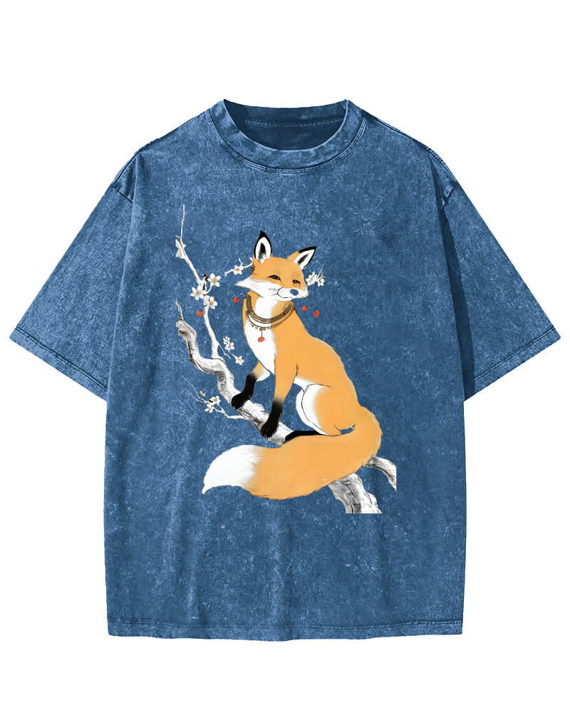 Fox Landscape Painting Japanese Style Vintage Washed T-shirt-Zazasy