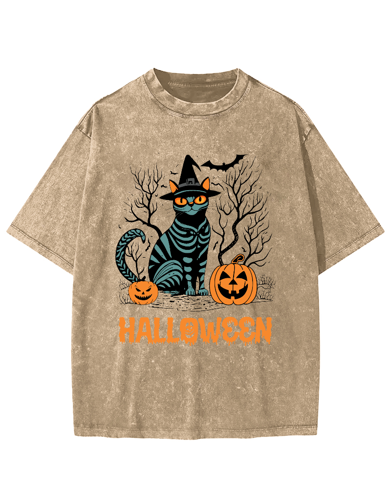 Halloween Cat Vintage Washed T-shirt-Zazasy