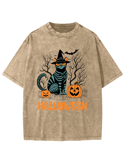 Halloween Cat Vintage Washed T-shirt-Zazasy