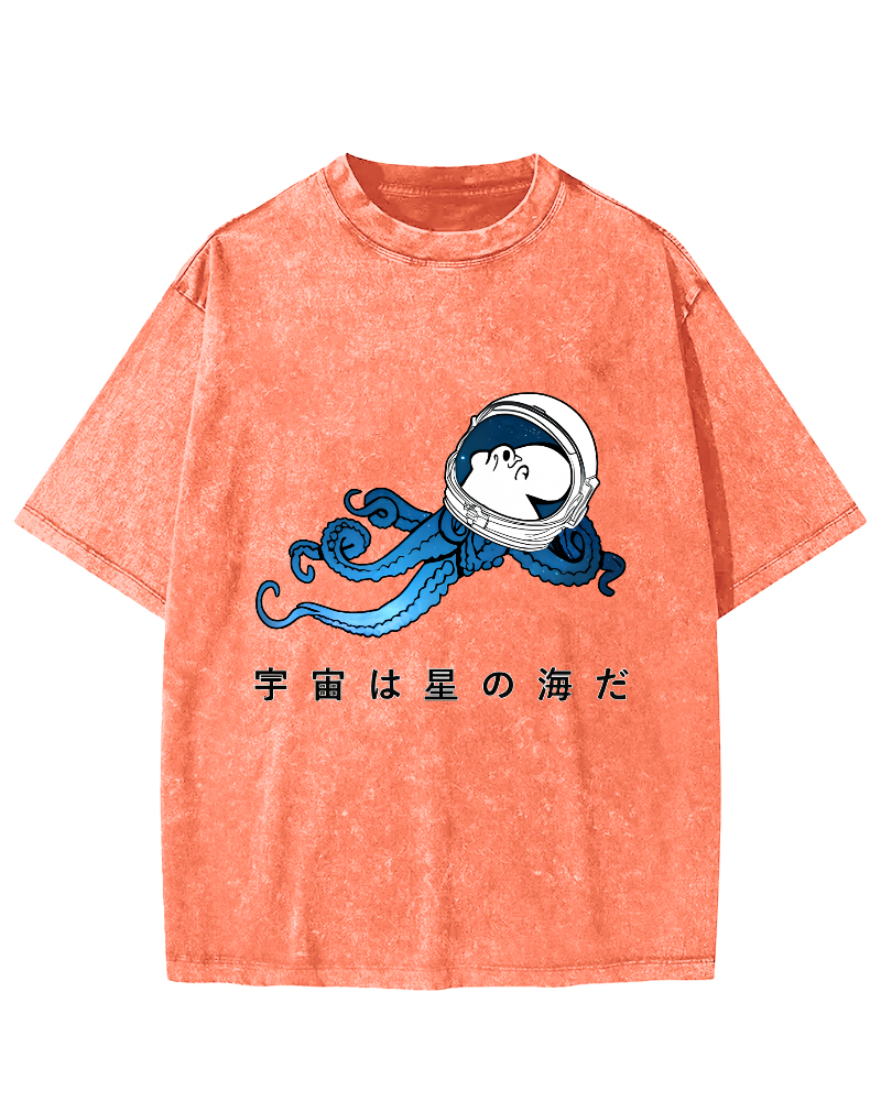 Japanese Style Octopus In Space Vintage Distressed T-shirt-Zazasy