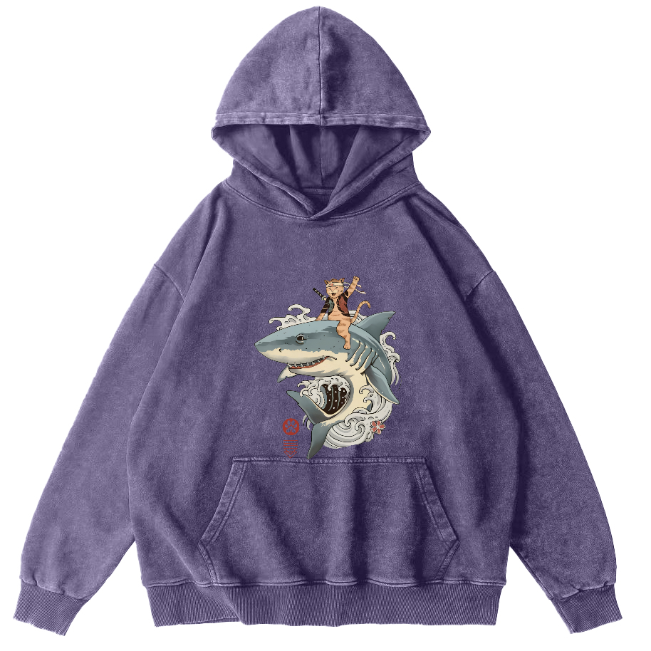 Cat Warrior Riding Shark Japanese Washed Hoodie-Zazasy