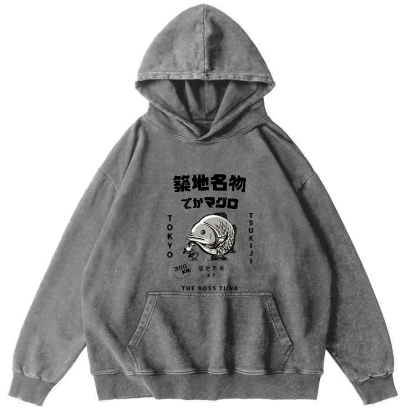 Japanese Seafood Market Pattern Vintage Distressed Hoodie-Zazasy