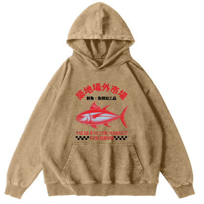 Japanese Seafood Market Tuna Vintage Distressed Hoodie-Zazasy