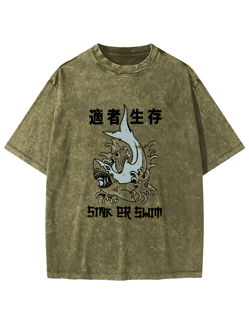 Japanese Script Shark Pattern Vintage Distressed T-shirt-Zazasy