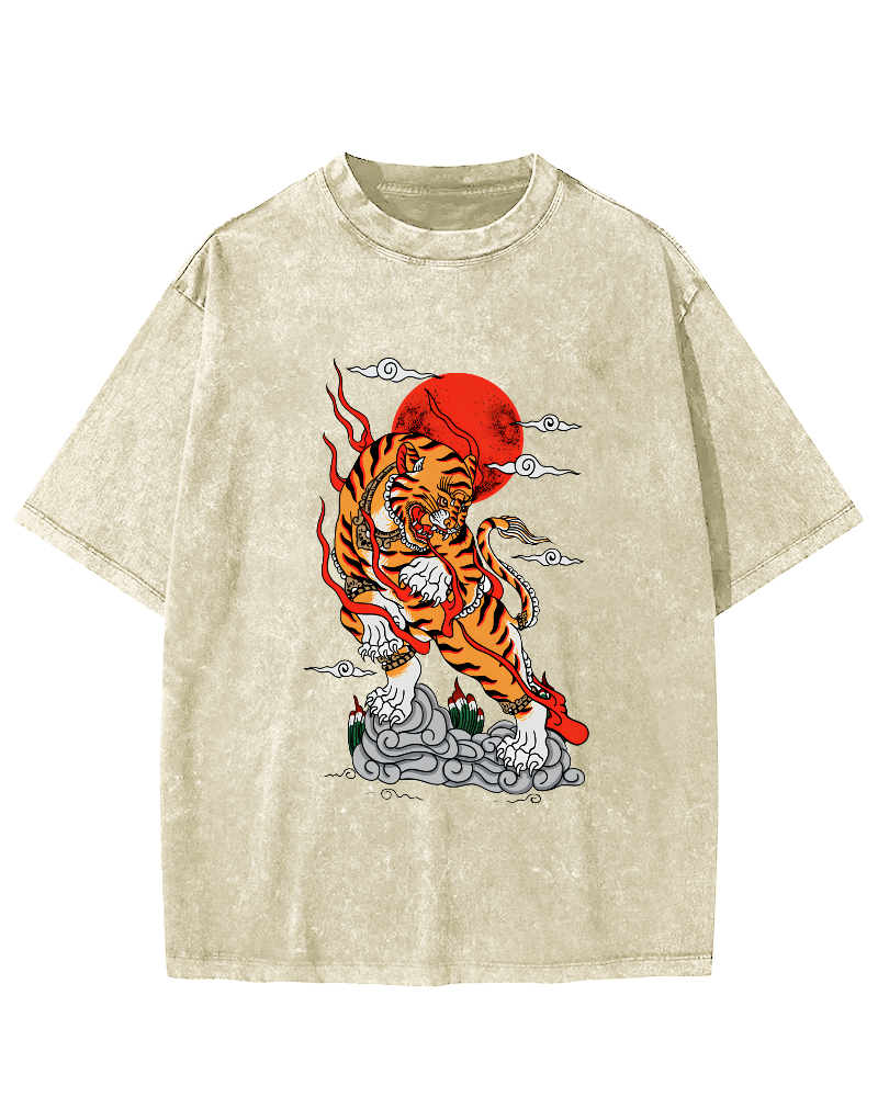 Japanese Sunrise Tiger Pattern Vintage Distressed T-shirt-Zazasy