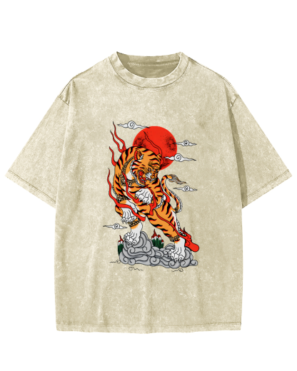 Japanese Sunrise Tiger Pattern Vintage Distressed T-shirt-Zazasy
