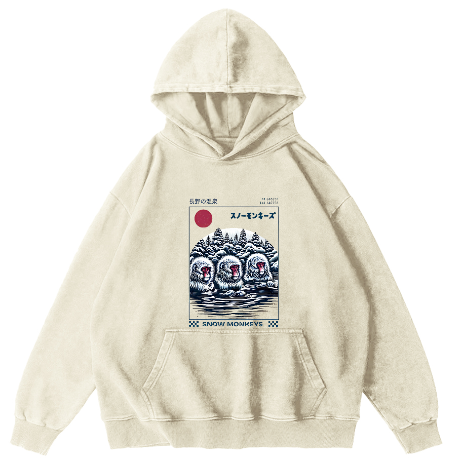 Monkey Pattern In Hot Springs, Japanese Style Vintage Distressed Hoodie-Zazasy