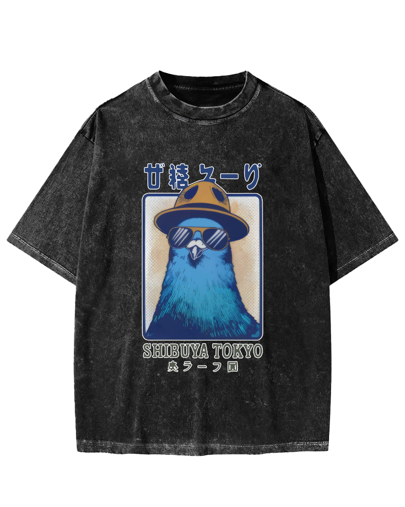 Shibuya Pigeon Retro Vintage Washed T-shirt