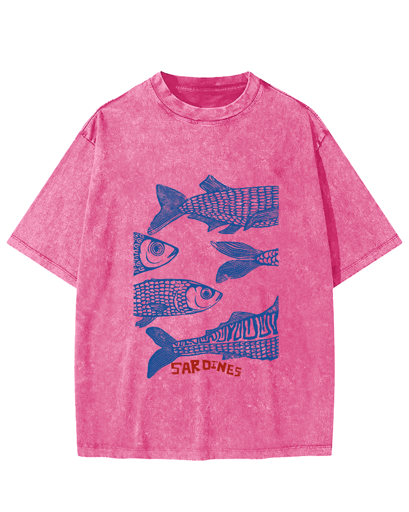 Retro Sea Fish Pattern Vintage Distressed T-shirt-Zazasy