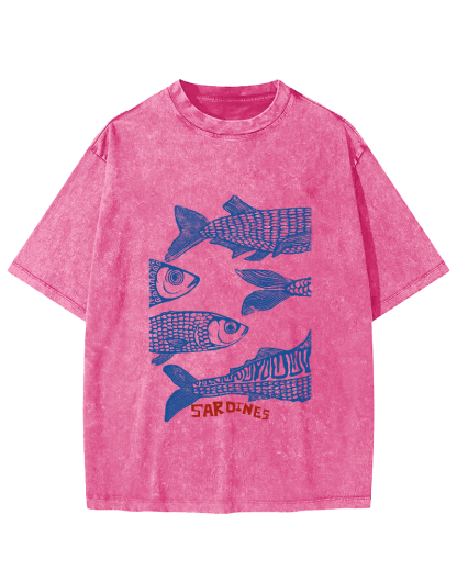 Retro Sea Fish Pattern Vintage Distressed T-shirt-Zazasy