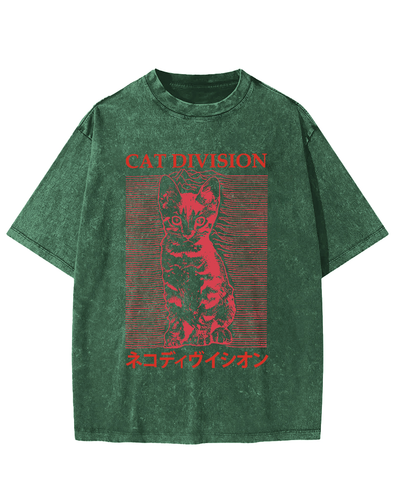 Cat Division Japanese Vintage Washed T-shirt-Zazasy