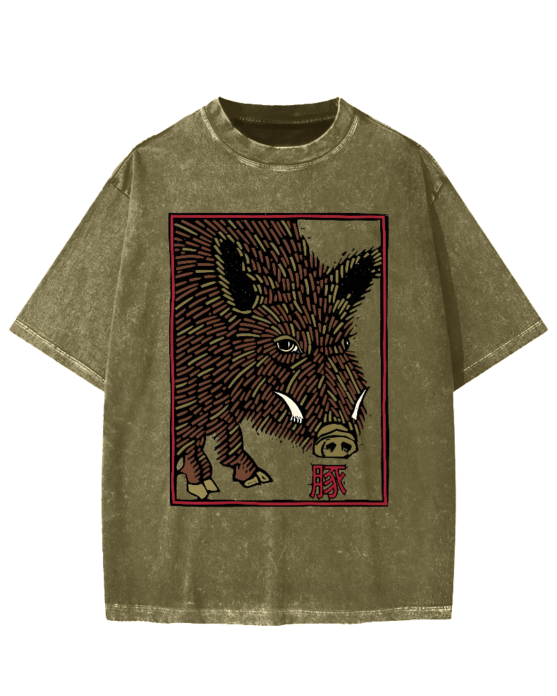 Woodcut Pig Vintage Washed T-shirt