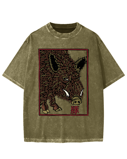 Woodcut Pig Vintage Washed T-shirt