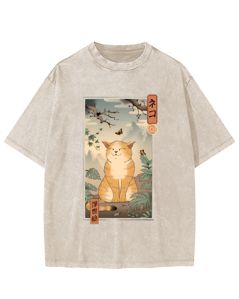 Cute and Lazy Cat Japanese Style Vintage Distressed T-shirt-Zazasy