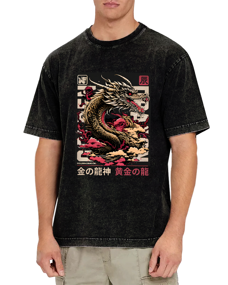Golden Dragon Japanese Style Vintage Distressed T-shirt-Zazasy
