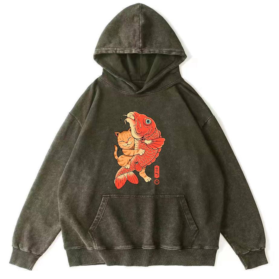 Cat Embracing Koi Fish Vintage Distressed Hoodie-Zazasy