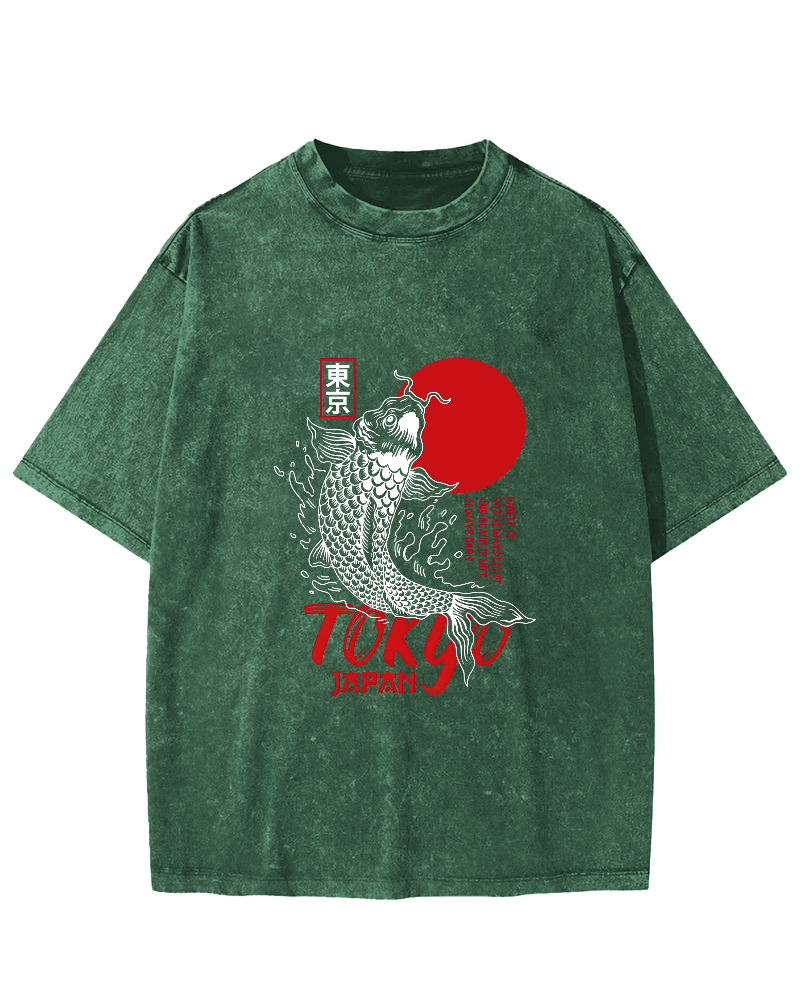 Japanese Script Koi Pattern Vintage Distressed T-shirt-Zazasy