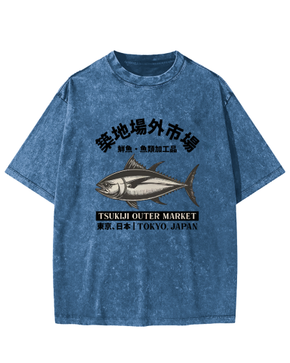 Japanese Style Tuna Pattern Vintage Distressed T-shirt