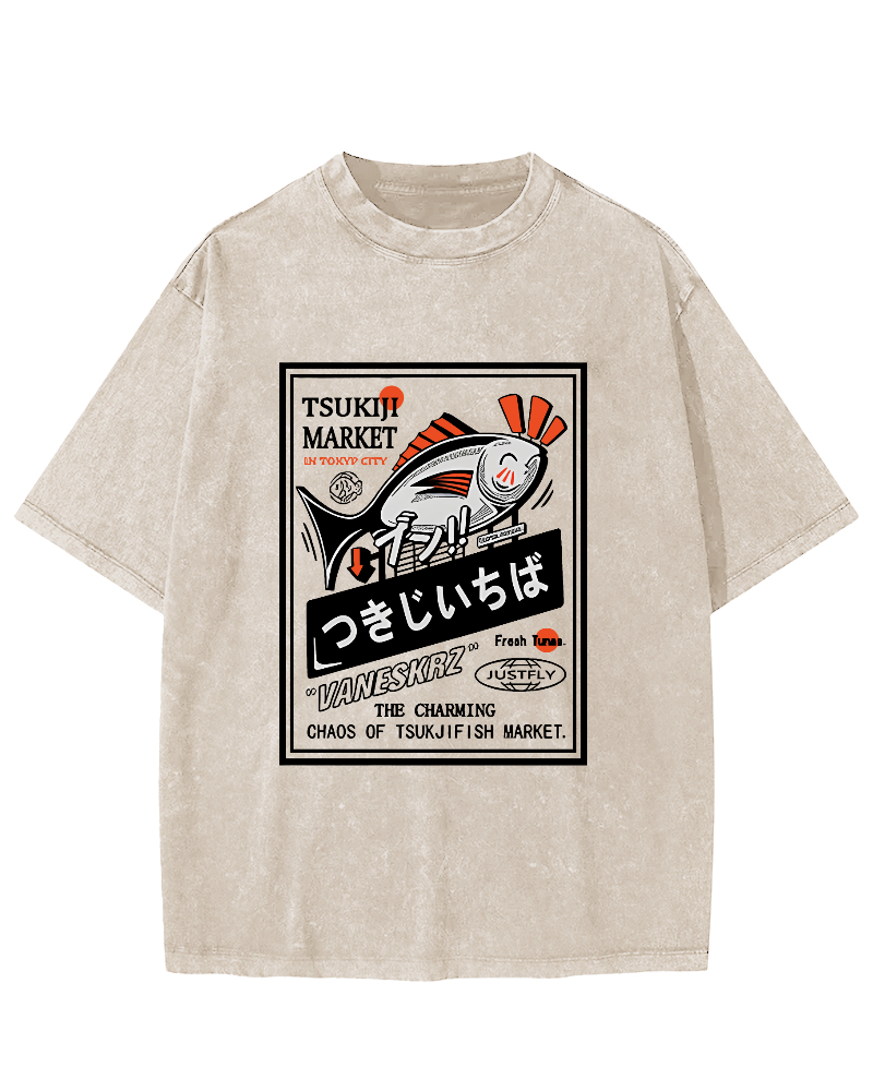 Small Fish Pattern Japanese Style Vintage Distressed T-shirt-Zazasy