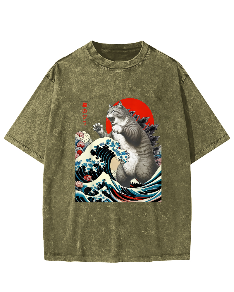 Catzilla Cat Japanese Art Vintage Distressed T-shirt-Zazasy