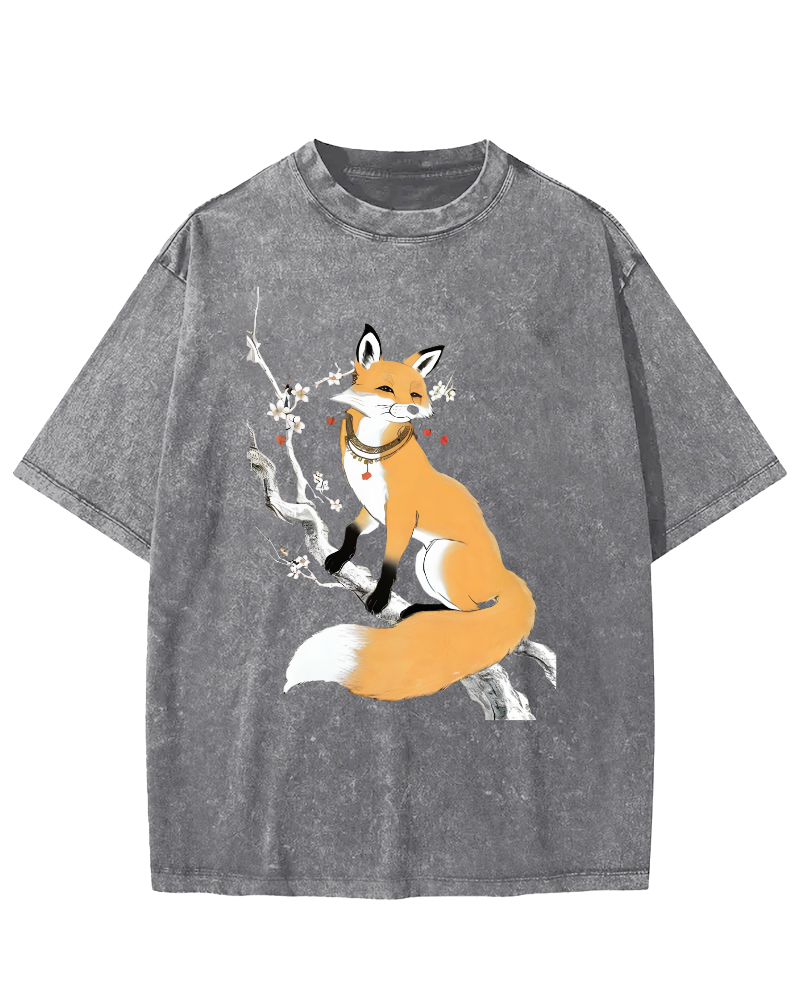 Fox Landscape Painting Japanese Style Vintage Washed T-shirt-Zazasy