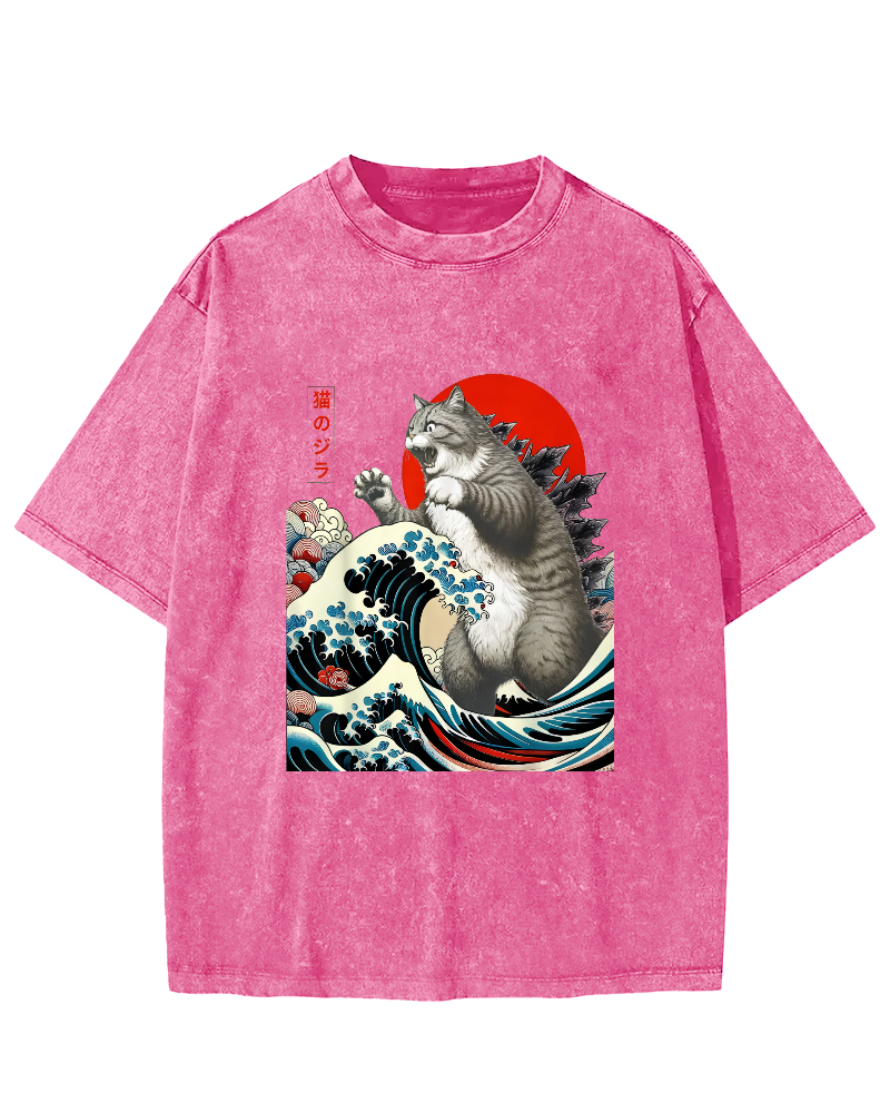 Catzilla Cat Japanese Art Vintage Distressed T-shirt-Zazasy