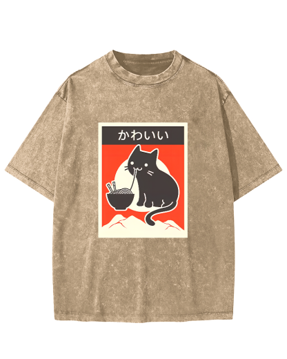 Noodle Eating Cat Japanese Style Washed T-shirt-Zazasy