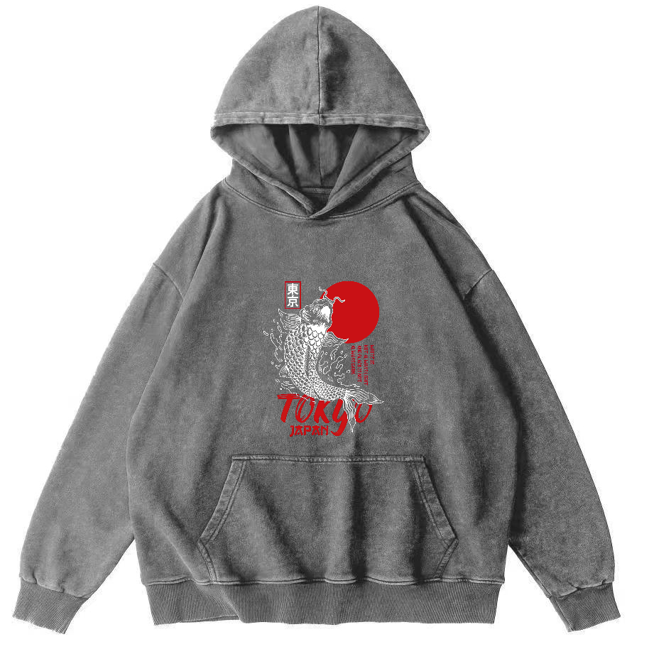 Tokyo Koi Pattern Vintage Distressed Hoodie-Zazasy