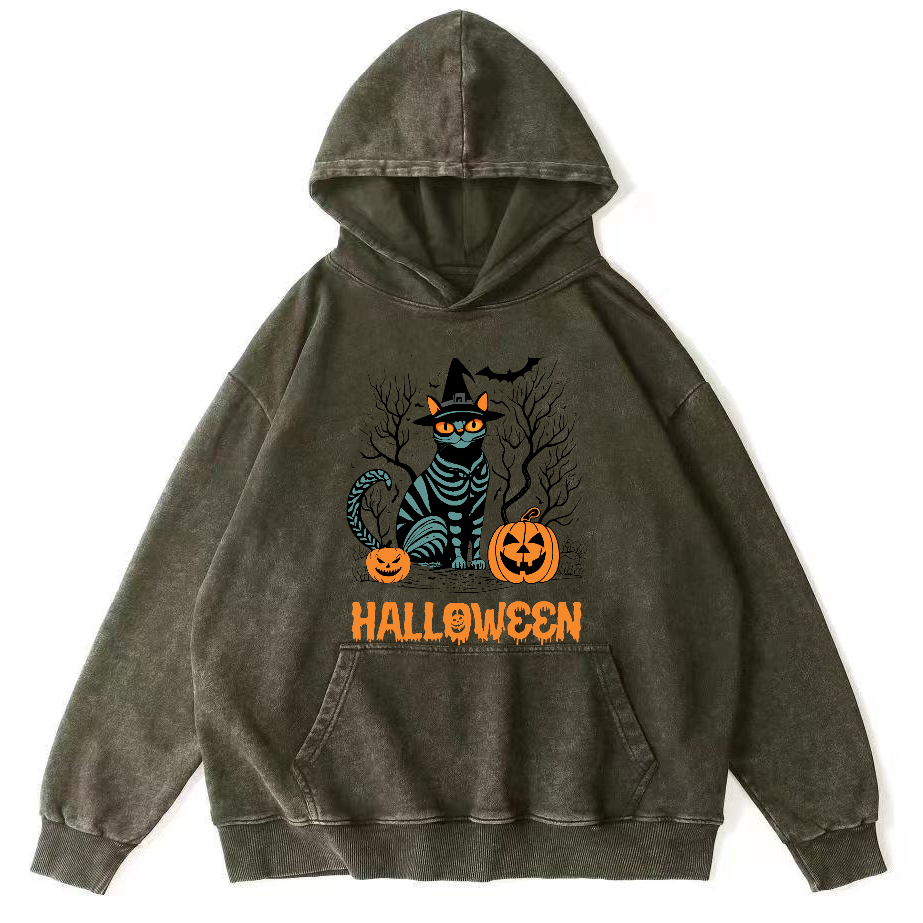 Halloween Cat Vintage Washed Hoodie-Zazasy