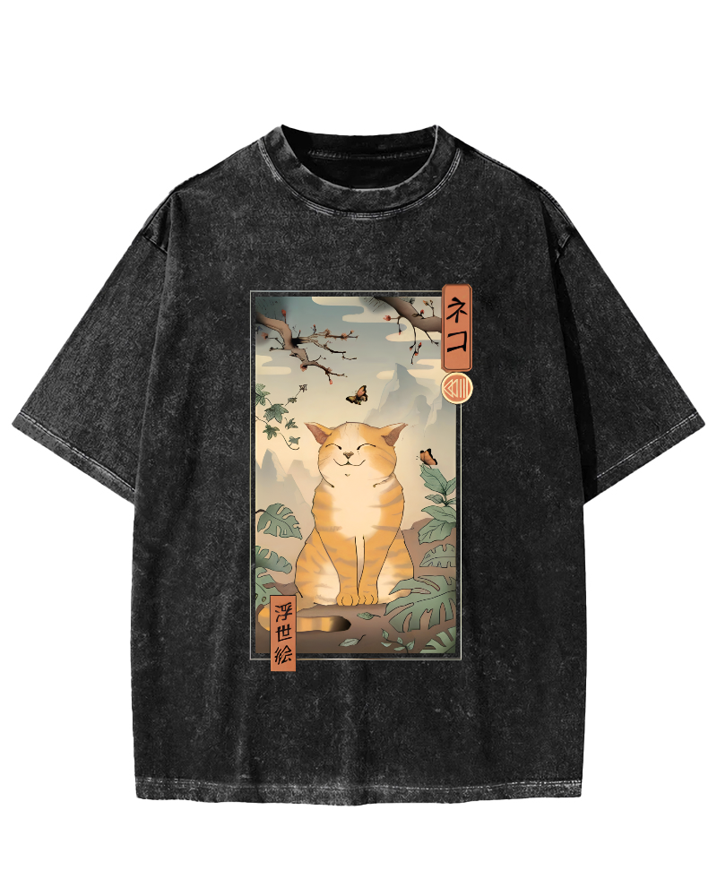 Cute and Lazy Cat Japanese Style Vintage Distressed T-shirt-Zazasy