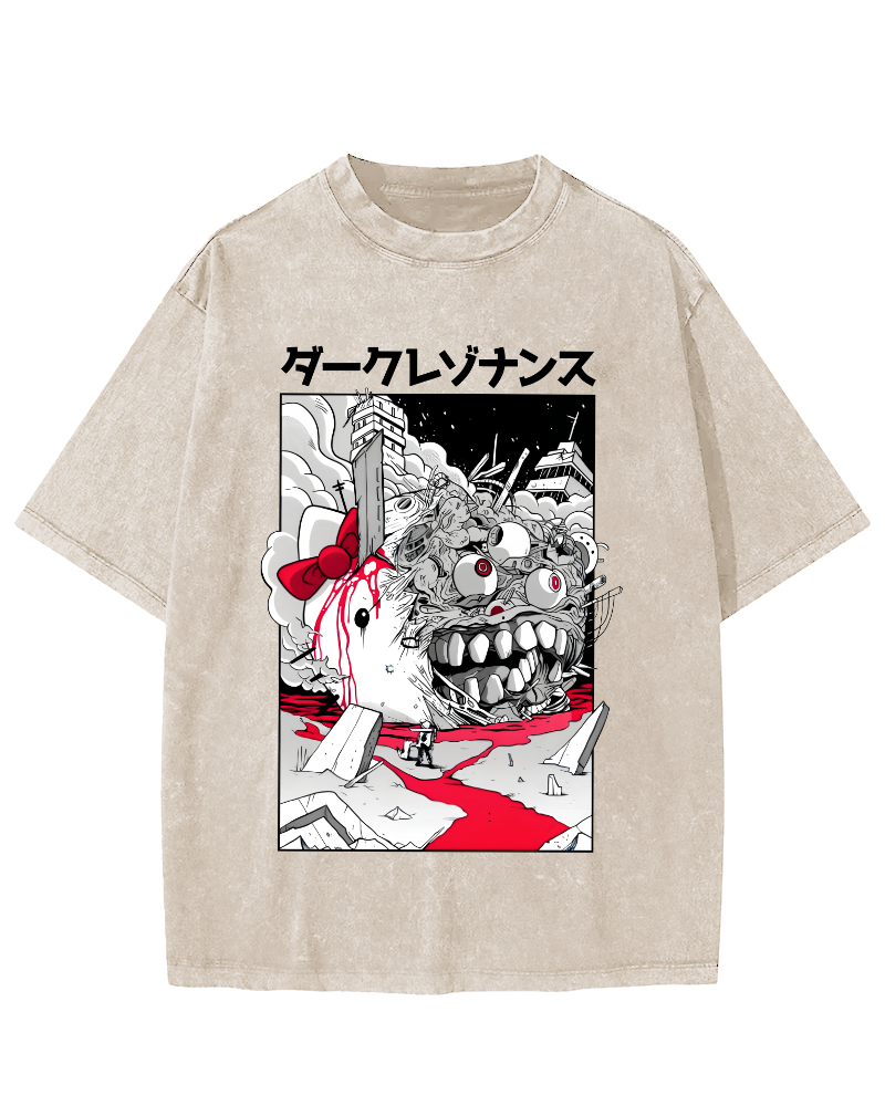 Japanese Abstract Cartoon Monsters Vintage Distressed T-shirt-Zazasy