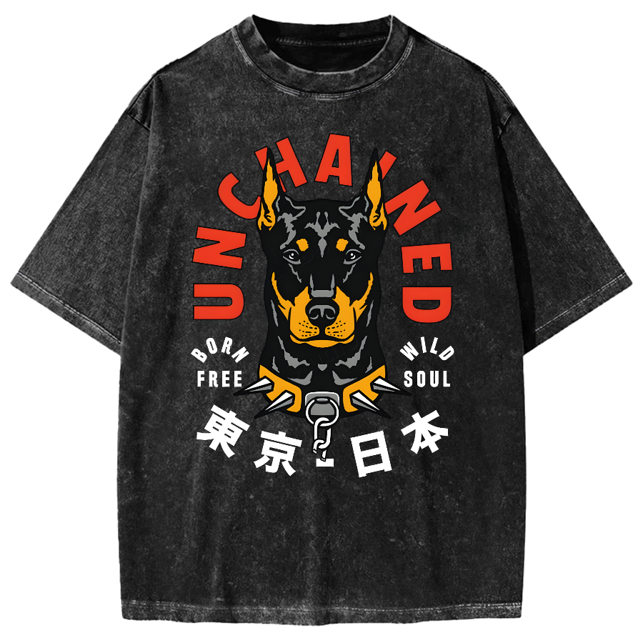 Doberman Pinscher Dog with Unchained Vintage Washed T-shirt
