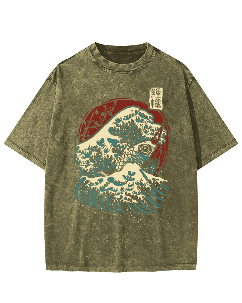 Koi Fish Wave Japanese Style Vintage Washed T-shirt-Zazasy