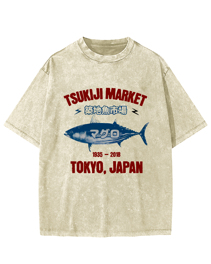 Japanese Tuna Pattern Vintage Distressed T-shirt-Zazasy