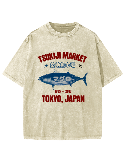 Japanese Tuna Pattern Vintage Distressed T-shirt-Zazasy