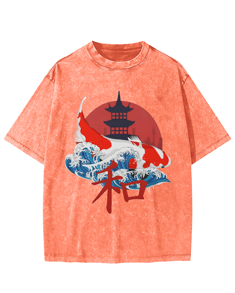 Japanese Style Koi Fish Vintage Distressed T-shirt-Zazasy