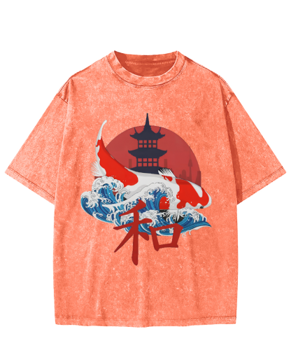 Japanese Style Koi Fish Vintage Distressed T-shirt-Zazasy