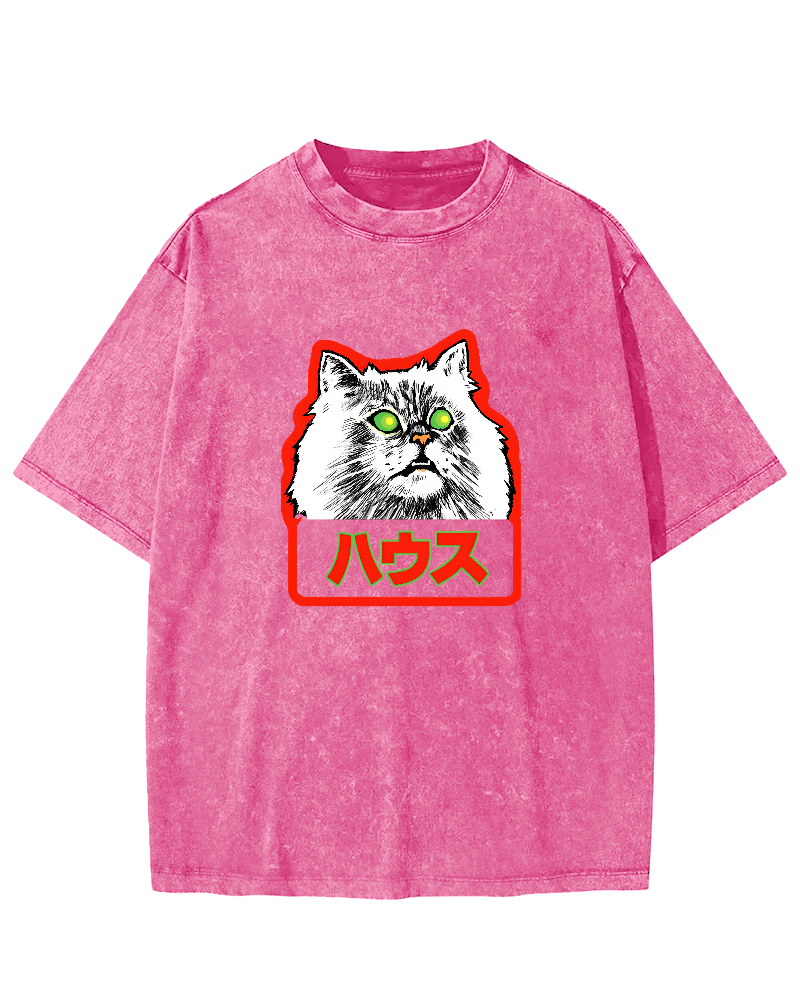 Residential White Cat Japanese Washed T-Shirt-Zazasy